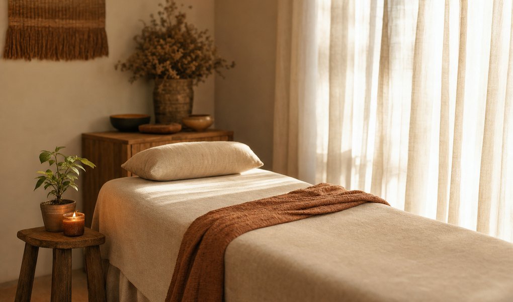 Espace de soin apaisant avec table de massage : accompagnement Reiki personnalisé