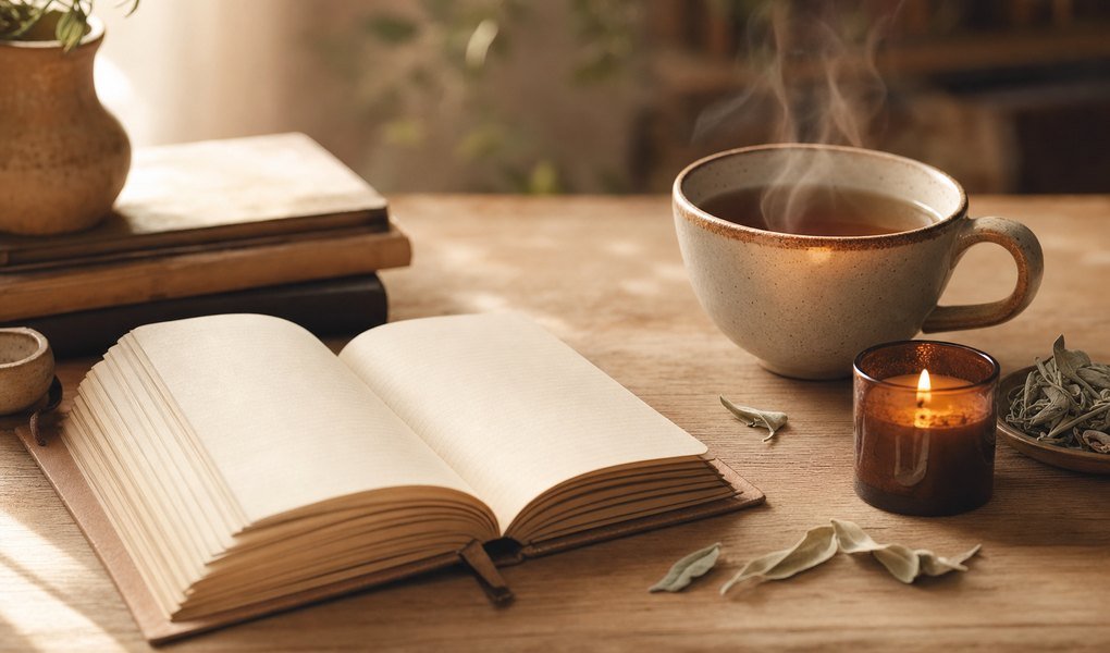Carnet ouvert, tasse de tisane et bougie : préparer sa formation Reiki à distance