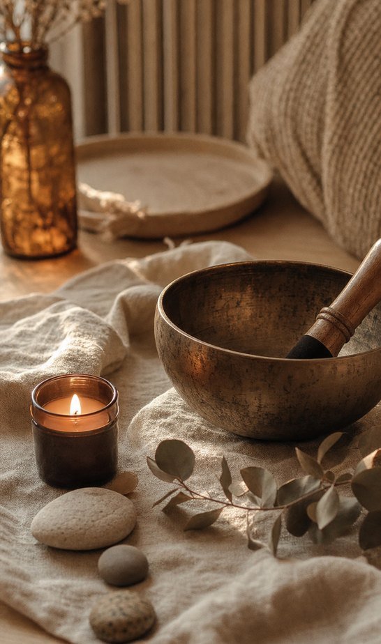 Bol tibétain, bougie et pierres : ambiance d'une séance de Reiki