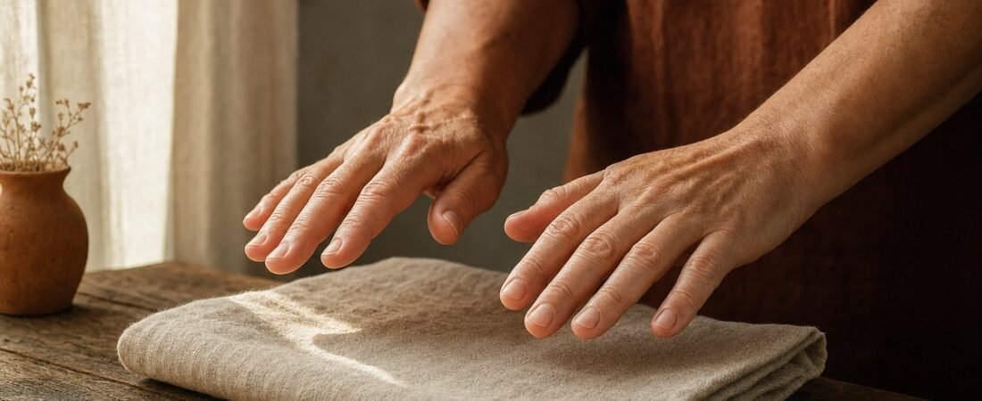 Mains d'un praticien Reiki en ecoute au-dessus d'un linge de lin