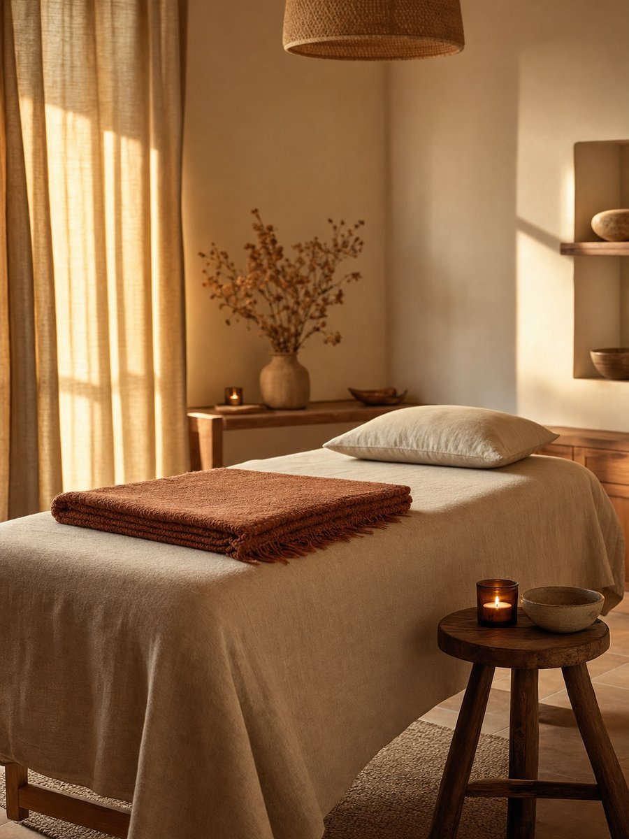 Table de soin préparée pour une séance de Reiki à Loireauxence