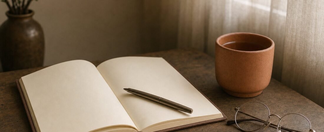 Carnet ouvert, stylo et tasse sur une table en bois, lumière douce de fenêtre