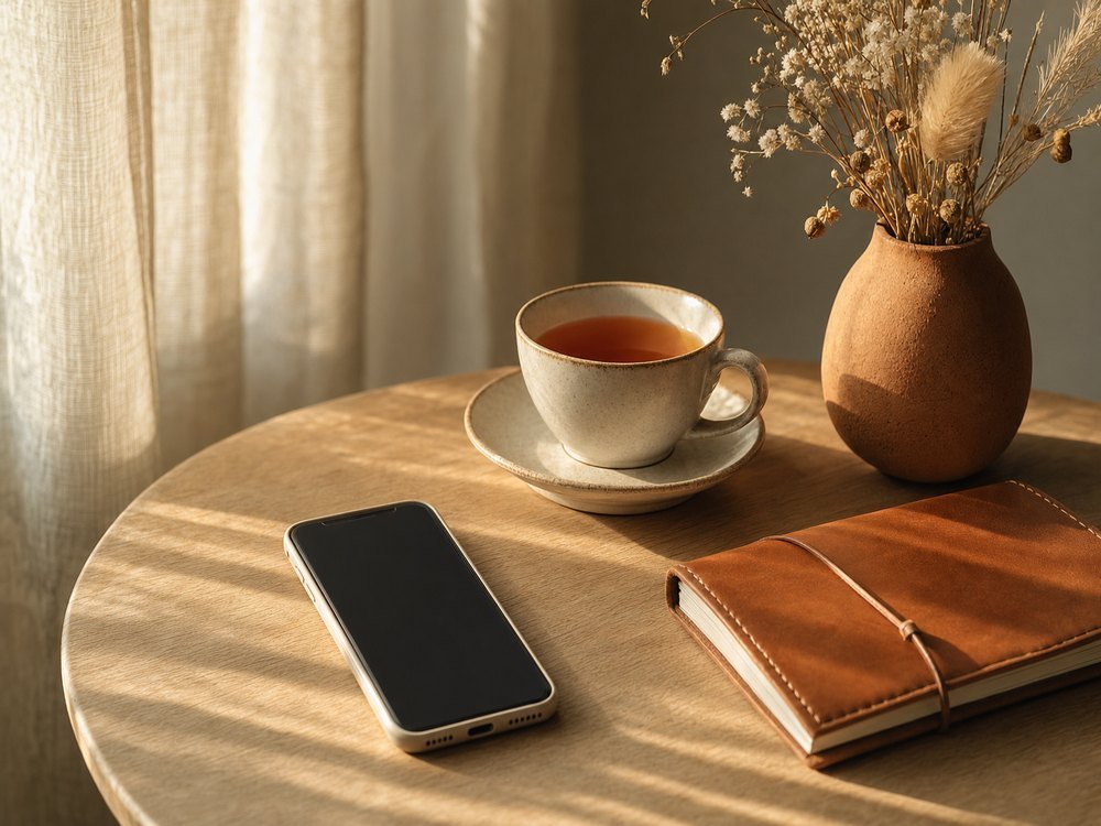 Téléphone, carnet et tasse de thé, invitation à contacter Pascal Roux-Dessarps