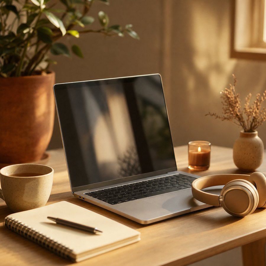 Ordinateur portable et carnet sur un bureau : suivre une formation Reiki à distance en visioconférence