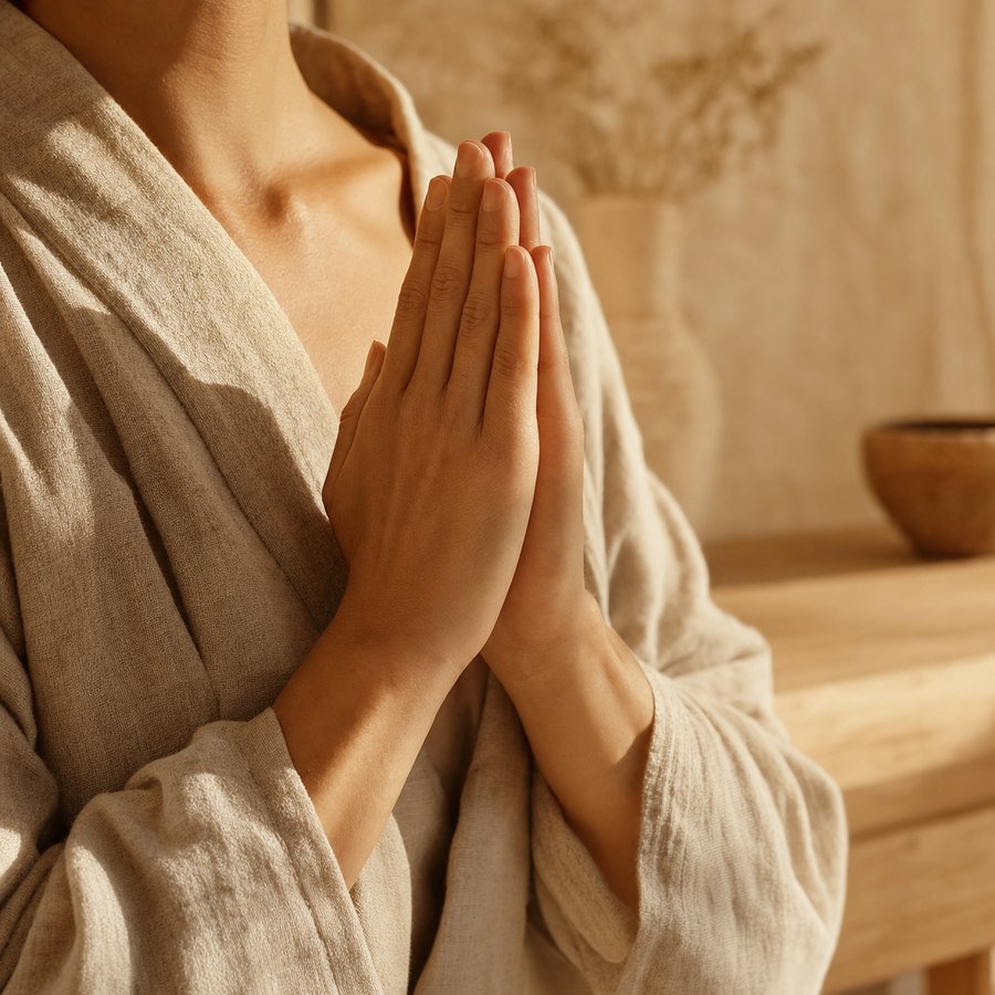 Mains jointes en gassho, geste d'ouverture de la pratique du Reiki