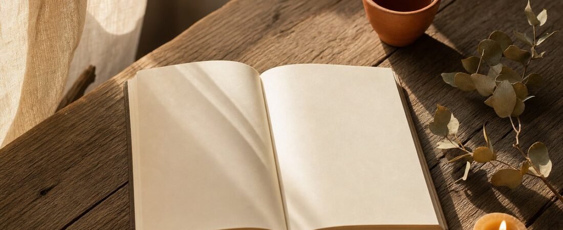 Carnet ouvert, tasse en terre cuite et bougie pour la pratique matinale du Gokai