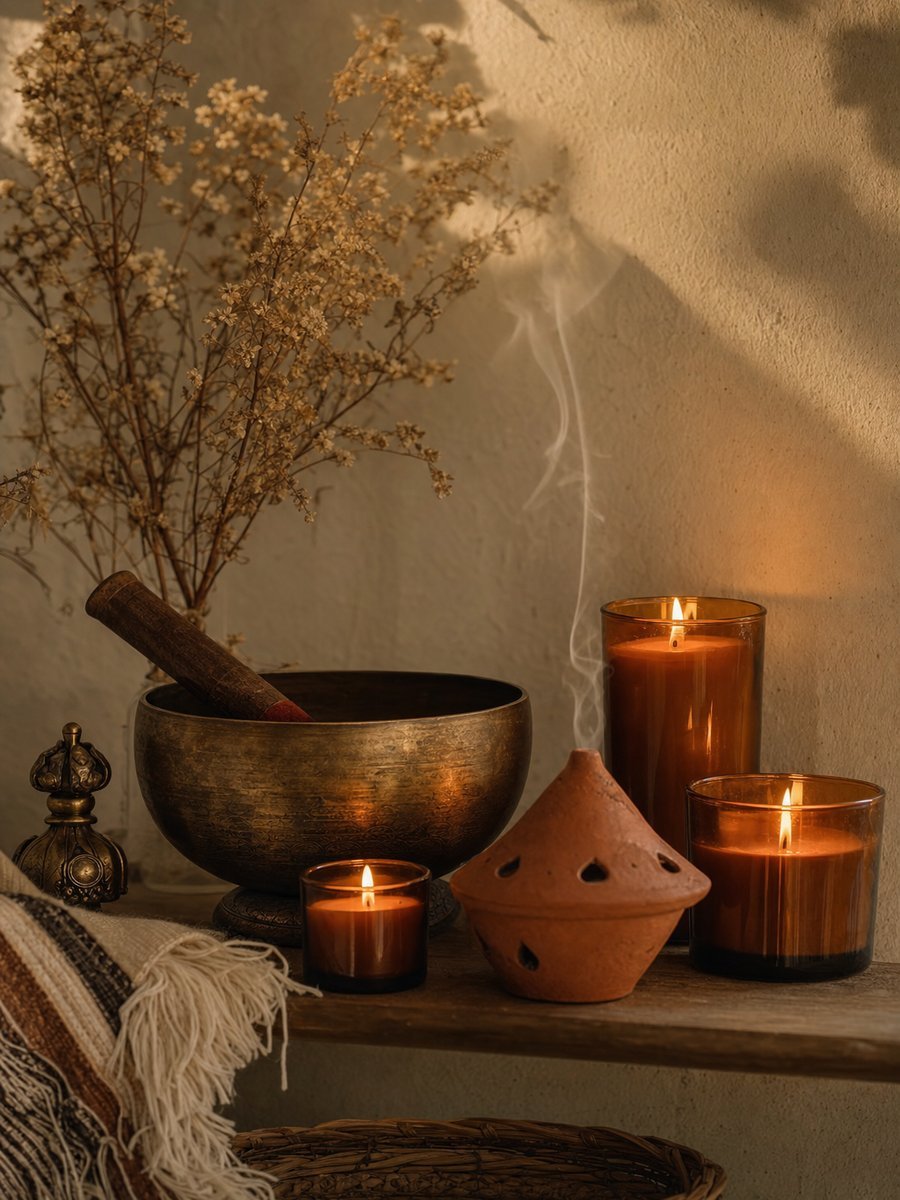 Bol chantant tibétain et bougies, symboles des lignées Reiki transmises