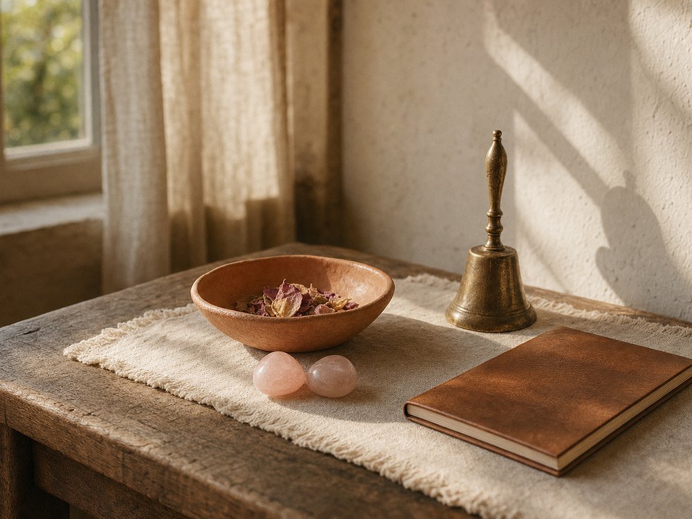 Coupe de pétales de rose, quartz rose et clochette en laiton : maîtrise Reiki Karuna à distance