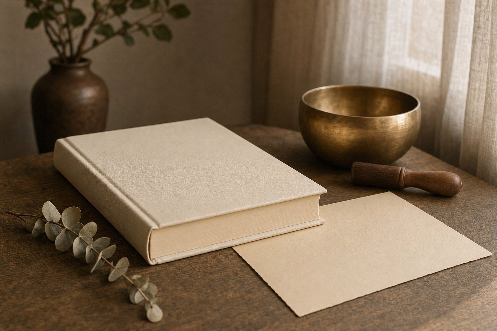 Manuel imprimé, feuille de papier et bol chantant en laiton sur une table en bois