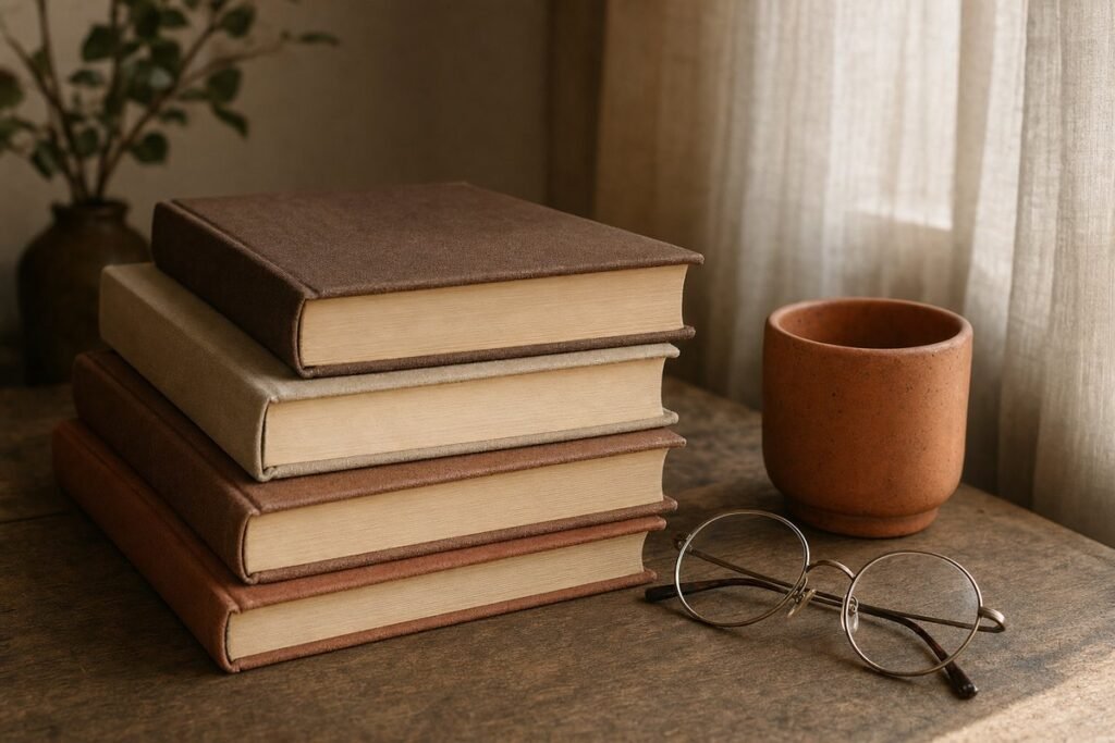 Pile de livres et lunettes evoquant l'etude scientifique du Reiki