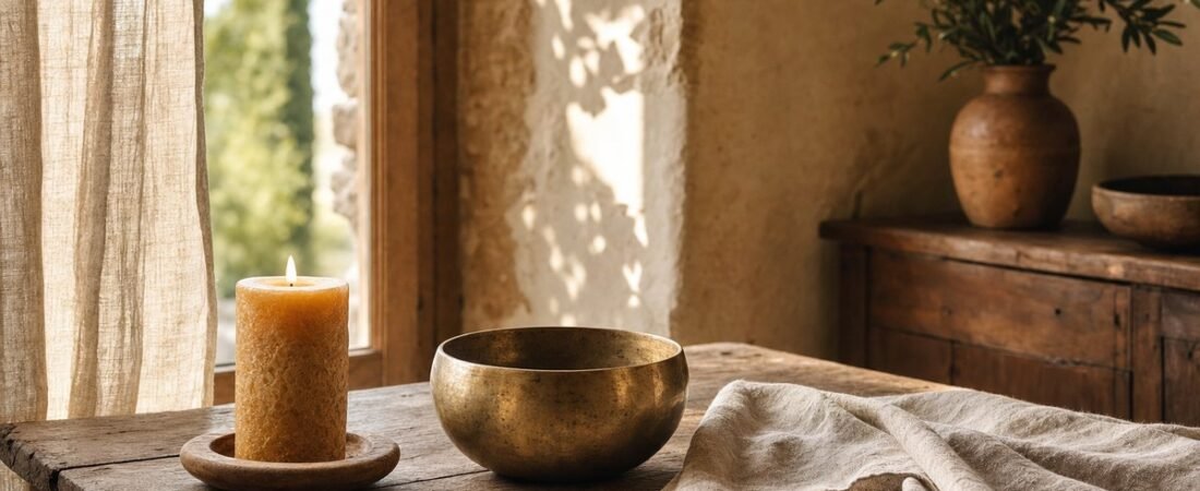 Bol chantant en laiton et bougie dans une lumiere douce, illustration du Reiki Holy Fire