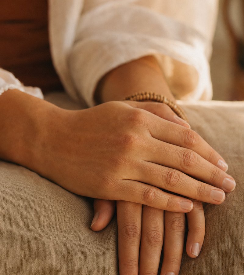 Mains posées avec calme après une séance de Reiki à distance