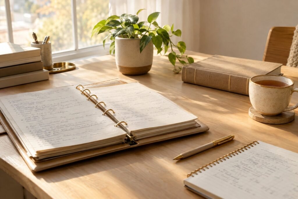Classeur ouvert, carnet de notes et livre sur une table en bois près d’une fenêtre, évoquant le dossier d’étude de la maîtrise Reiki