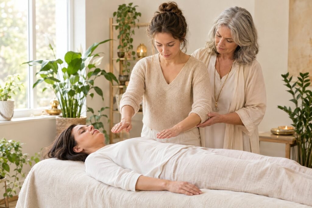Élève maître-assistante pratiquant le Reiki sur une personne allongée, guidée par une formatrice expérimentée