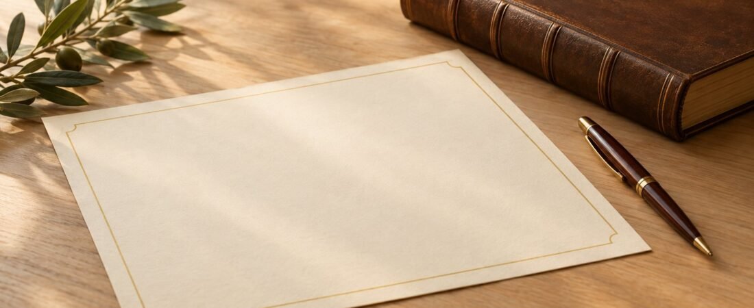 Certificat vierge sur papier crème posé sur une table en bois, à côté d’un livre relié en cuir et d’un stylo