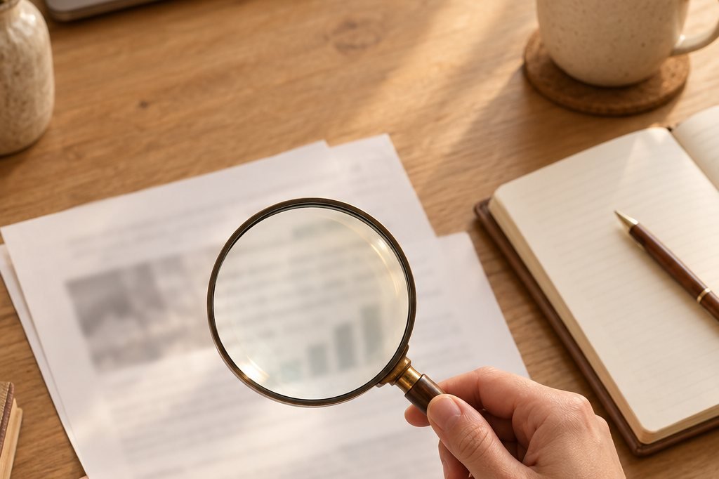 Main tenant une loupe au-dessus de documents posés sur une table en bois, carnet et tasse à côté